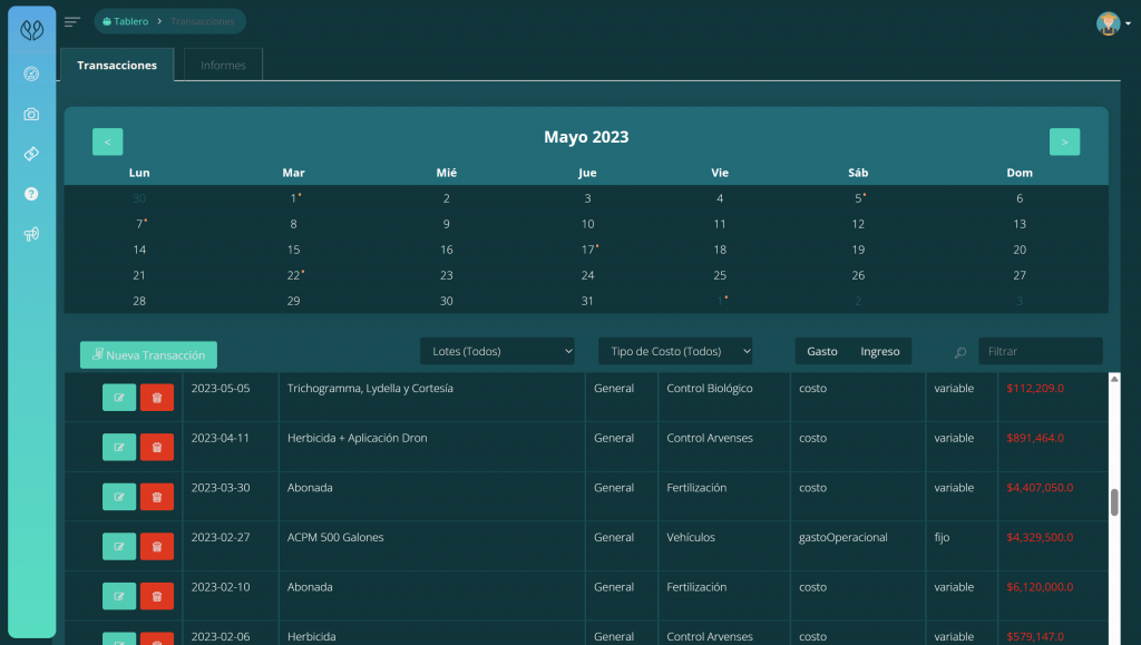 Calendario de transacciones y labores - Registro y seguimiento de movimientos y actividades en la aplicación contabilidad